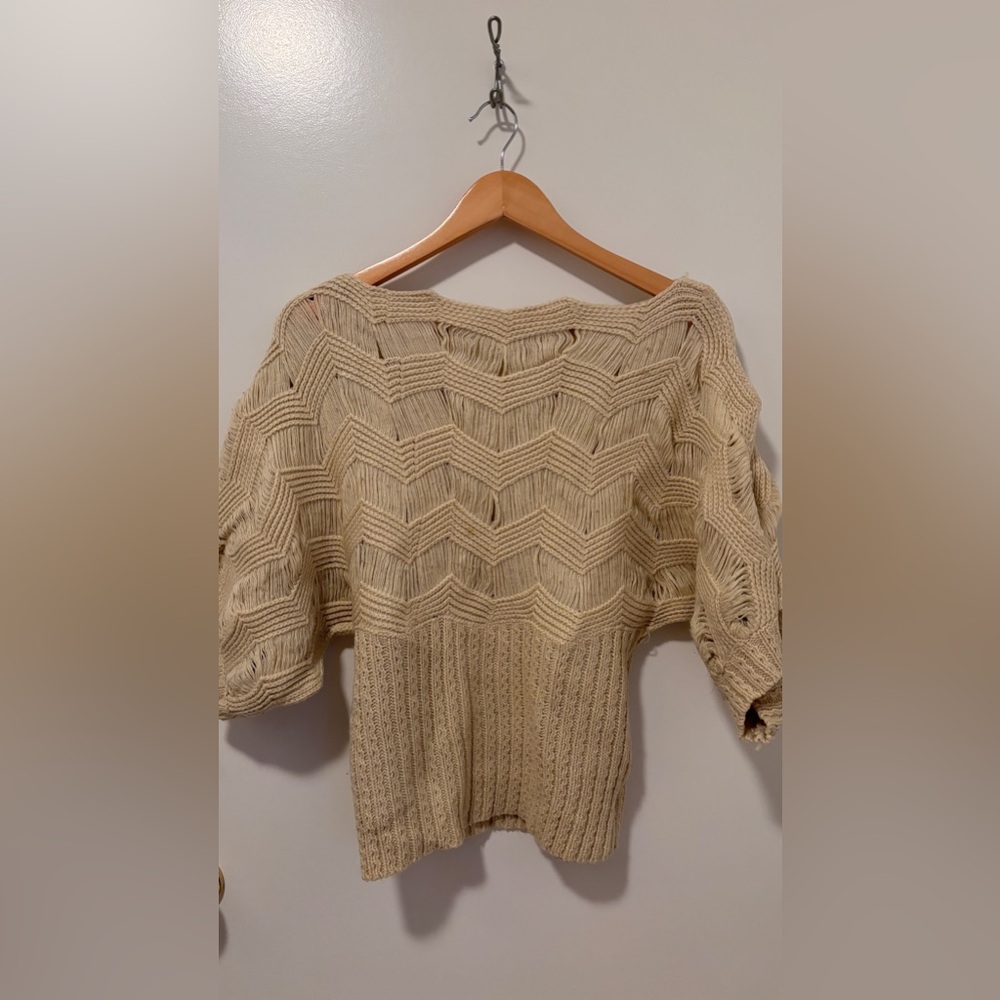 Korean beige crochet knit sweater boat neck